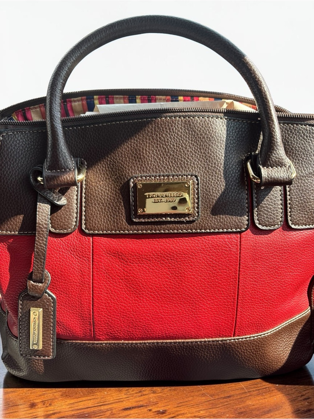 Tignanello Brown and Red Pebbled Leather Satchel